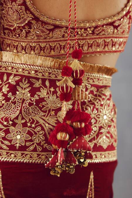 Torani_Red Velvet, Organza Adda Scoop Neck Sindoori Mahnoor One Sleeve Blouse _at_Aza_Fashions