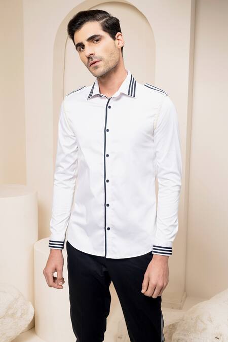Buy Abkasa White Cotton Striped Detail Shirt Online at Aza Fashions Buy_Abkasa_White Cotton Striped Detail Shirt _Online_at_Aza_Fashions