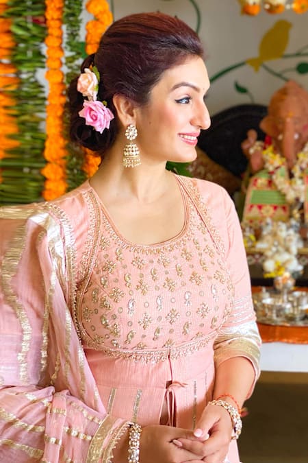 Shop_Gopi Vaid_Peach Anarkali Silk  Sharara  Lurex  Dupatta  Sitara Set _at_Aza_Fashions