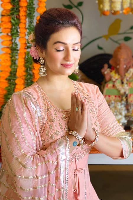 Gopi Vaid_Peach Anarkali Silk  Sharara  Lurex  Dupatta  Sitara Set _Online_at_Aza_Fashions