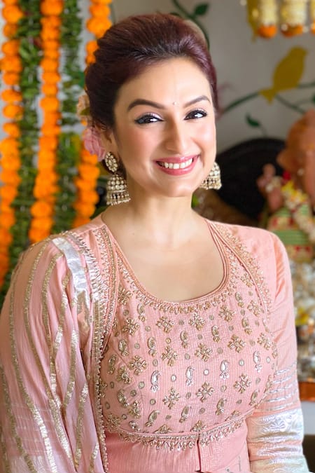 Buy_Gopi Vaid_Peach Anarkali Silk  Sharara  Lurex  Dupatta  Sitara Set _Online_at_Aza_Fashions