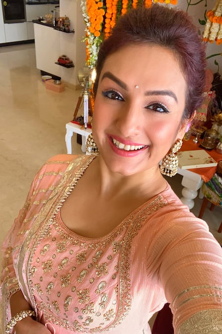 Shop_Gopi Vaid_Peach Anarkali Silk  Sharara  Lurex  Dupatta  Sitara Set _Online_at_Aza_Fashions