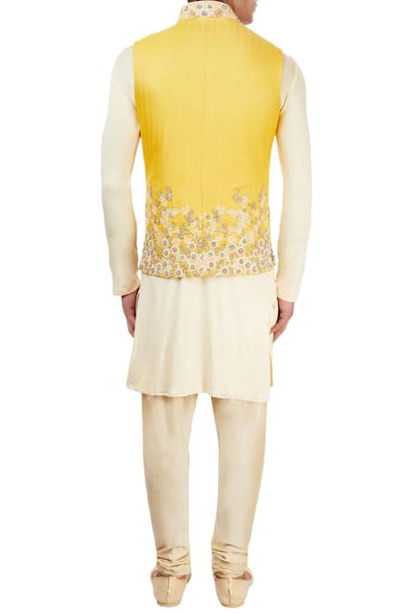 Shop Sarab Khanijou Beige Bundi Kurta Jersey Churidar And Set at Aza Fashions Shop_Sarab Khanijou_Beige Bundi Kurta Jersey Churidar And Set _at_Aza_Fashions