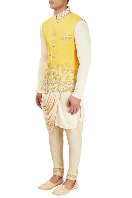 Sarab Khanijou Beige Bundi Kurta Jersey Churidar And Set Online at Aza Fashions Sarab Khanijou_Beige Bundi Kurta Jersey Churidar And Set _Online_at_Aza_Fashions