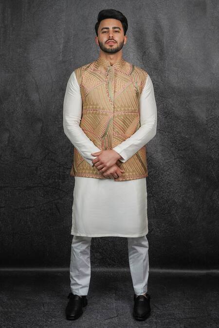 Kasbah Brown Poly Silk Floral And Geometric Pattern Embroidered Nehru Jacket