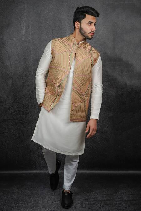 Kasbah Brown Poly Silk Floral And Geometric Pattern Embroidered Nehru Jacket Online at Aza Fashions Kasbah_Brown Poly Silk Floral And Geometric Pattern Embroidered Nehru Jacket_Online_at_Aza_Fashions