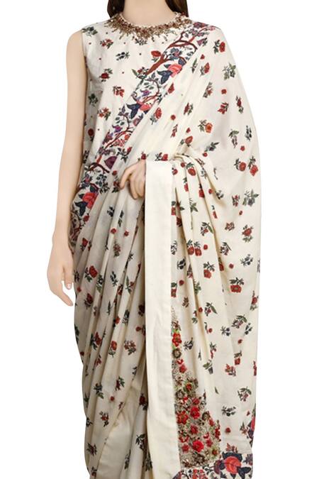 Buy_Nikasha_White Cotton Round Printed Saree With Blouse _Online_at_Aza_Fashions