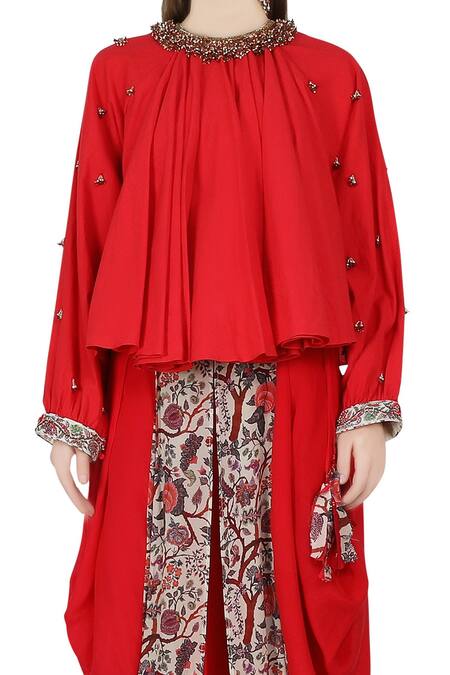 Buy Nikasha Red Round Peasant Top And Dhoti Pant Set Online at Aza Fashions Buy_Nikasha_Red Round Peasant Top And Dhoti Pant Set _Online_at_Aza_Fashions