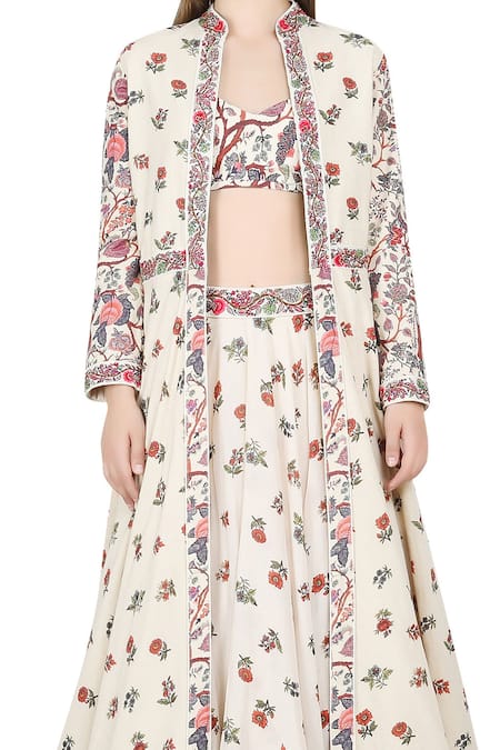 Buy_Nikasha_White , Silk Mandarin Collar, Printed Jacket And Lehenga Set _Online_at_Aza_Fashions