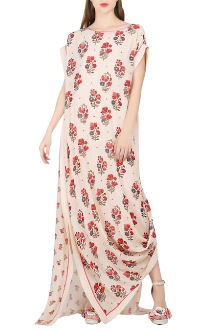 Nikasha Beige Crepe Boat Printed Cowl Drape Dress 