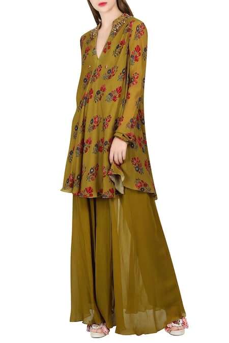 Nikasha Green Georgette Mandarin Collar Printed Kurta And Gharara Set 