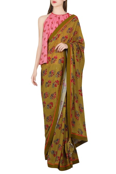 Nikasha Green Round Printed Saree With Blouse For Women