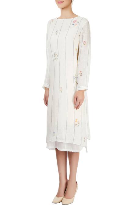 Buy_Eka_White Linen Striped Dress_Online_at_Aza_Fashions