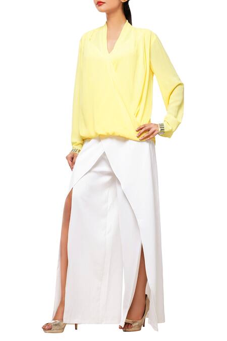 Kommal Sood_White Polynosic V Neck Overlap Top And Pant Set _Online_at_Aza_Fashions