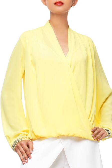 Buy_Kommal Sood_White Polynosic V Neck Overlap Top And Pant Set _Online_at_Aza_Fashions