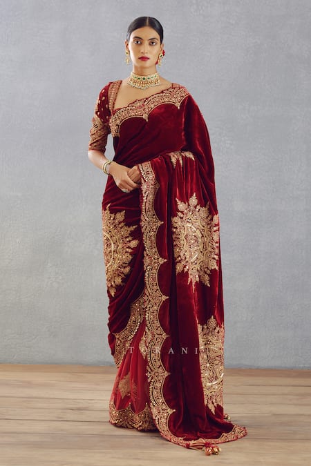 Torani Red Silk Velvet And Butterfly Net Embroidery Sindoori Yuvani Saree  