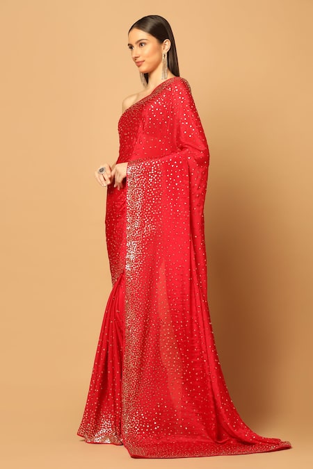 Shop_Two Sisters By Gyans_Pink Chiffon Swarovski And Embroidered Saree With Unstitched Blouse Fabric _Online_at_Aza_Fashions