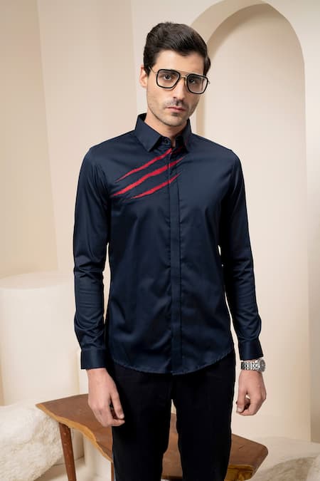 Buy Abkasa Blue Cotton Claw Marks Embroidered Shirt Online at Aza Fashions Buy_Abkasa_Blue Cotton Claw Marks Embroidered Shirt _Online_at_Aza_Fashions