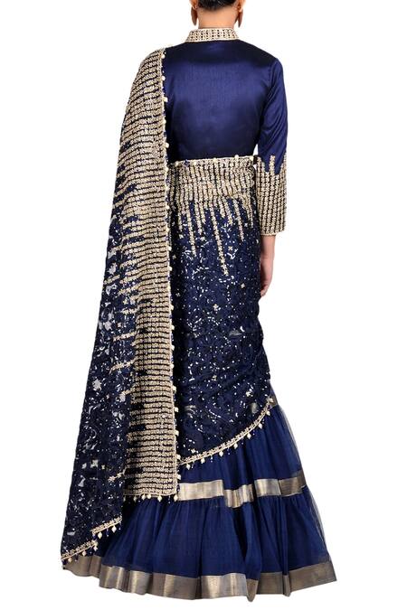 Shop_Rabani & Rakha_Blue Net Embellished Lehenga Saree_at_Aza_Fashions