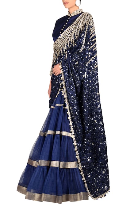 Rabani & Rakha_Blue Net Embellished Lehenga Saree_Online_at_Aza_Fashions