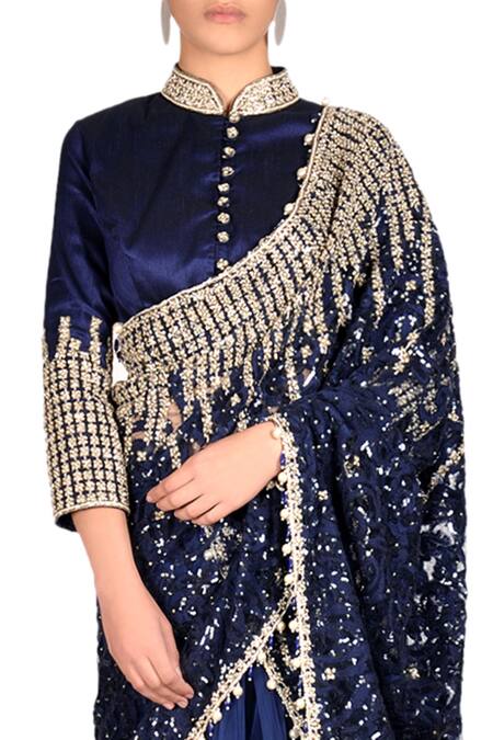 Buy_Rabani & Rakha_Blue Net Embellished Lehenga Saree_Online_at_Aza_Fashions