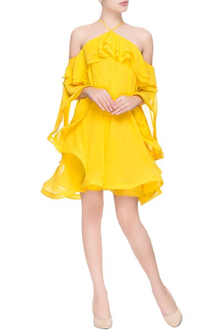 Gauri & Nainika Yellow Flared Dress With Halter Neck  