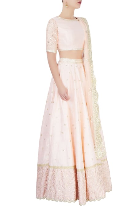 Priyanka Jain_Pink Raw Silk Sequin Work Boat Neck Embellished Lehenga Set _Online_at_Aza_Fashions