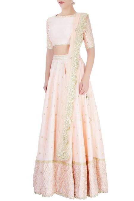 Buy_Priyanka Jain_Pink Raw Silk Sequin Work Boat Neck Embellished Lehenga Set _Online_at_Aza_Fashions