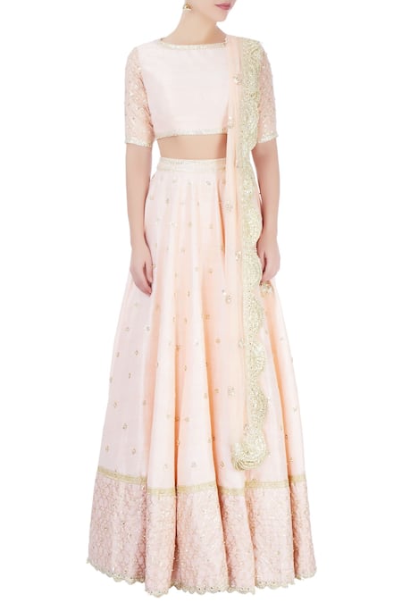 Shop_Priyanka Jain_Pink Raw Silk Sequin Work Boat Neck Embellished Lehenga Set _Online_at_Aza_Fashions