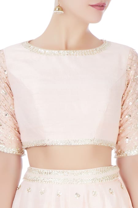 Priyanka Jain_Pink Raw Silk Sequin Work Boat Neck Embellished Lehenga Set _at_Aza_Fashions