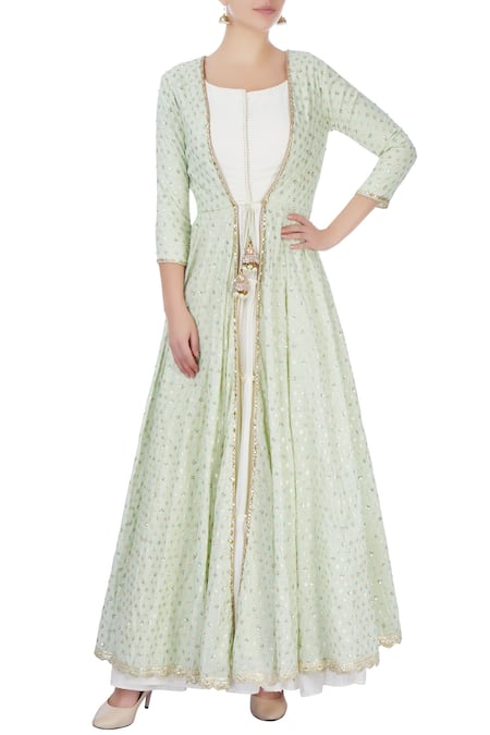 Priyanka Jain Ivory maxi dress with mint green jacket 