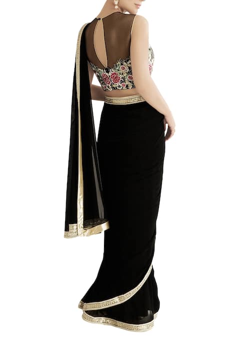 Shop_Rajat & Shraddha_Black Georgette Embroidered Thread Work Illusion Saree With Blouse  _at_Aza_Fashions
