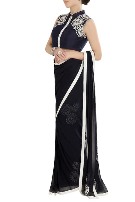 Rajat & Shraddha Blue Georgette Embroidered Thread Work Mandarin Saree With Blouse  