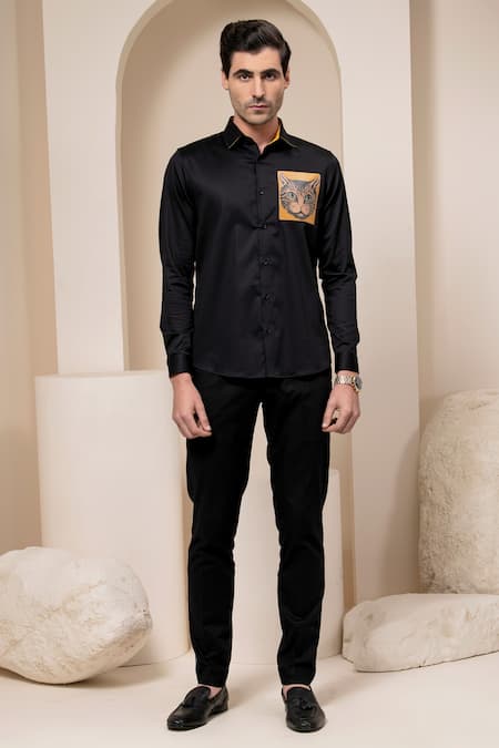 Abkasa Yellow Cotton Cat Print Patch Shirt