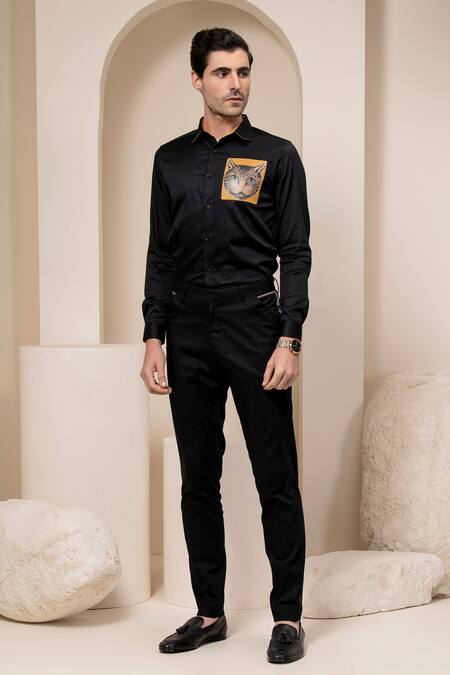 Abkasa Yellow Cotton Cat Print Patch Shirt Online at Aza Fashions Abkasa_Yellow Cotton Cat Print Patch Shirt _Online_at_Aza_Fashions