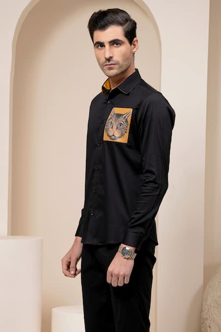 Buy Abkasa Yellow Cotton Cat Print Patch Shirt Online at Aza Fashions Buy_Abkasa_Yellow Cotton Cat Print Patch Shirt _Online_at_Aza_Fashions