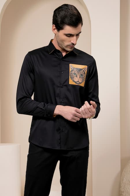 Shop Abkasa Yellow Cotton Cat Print Patch Shirt Online at Aza Fashions Shop_Abkasa_Yellow Cotton Cat Print Patch Shirt _Online_at_Aza_Fashions