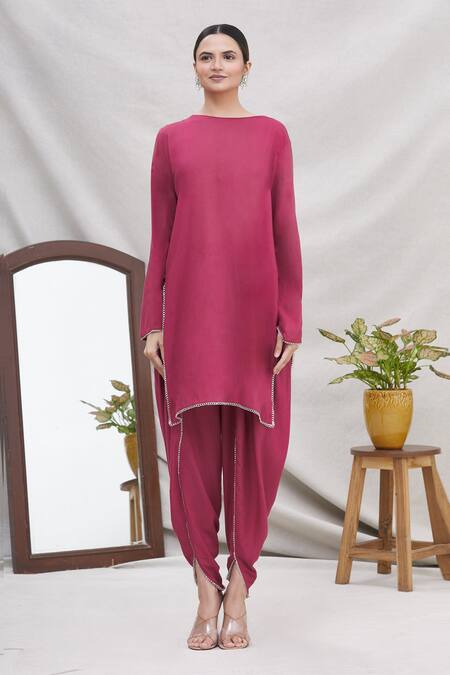Buy_Ekta Singh_Pink Georgette, Modal Round Asymmetric Cape And Dhoti Pant Set _Online_at_Aza_Fashions