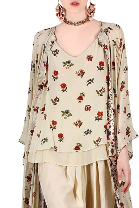 Buy_Nikasha_Beige Floral Print Jacket Open, Top V Neck Pant Set With _Online_at_Aza_Fashions