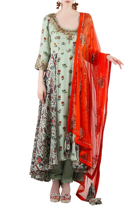 Nikasha_Green Round Printed Anarkali Set _Online_at_Aza_Fashions