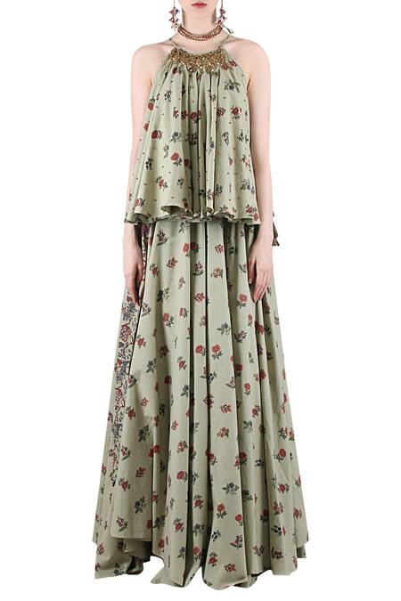 Nikasha Green Printed Floral Motifs Halter Neck Skirt Set For Women