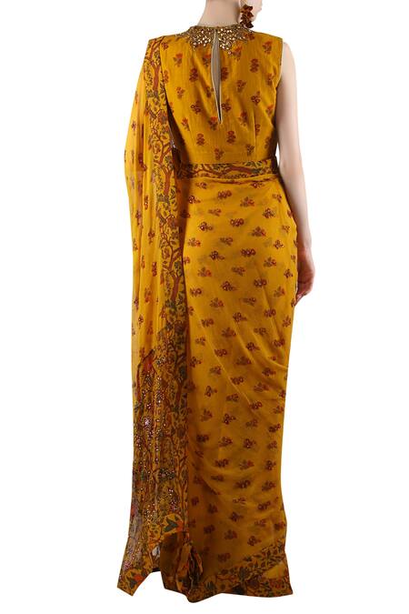 Shop_Nikasha_Yellow Round Printed Saree With Blouse _at_Aza_Fashions