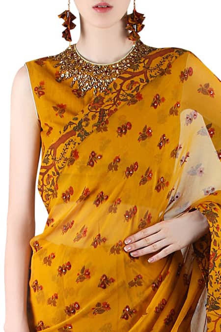 Nikasha_Yellow Round Printed Saree With Blouse _Online_at_Aza_Fashions