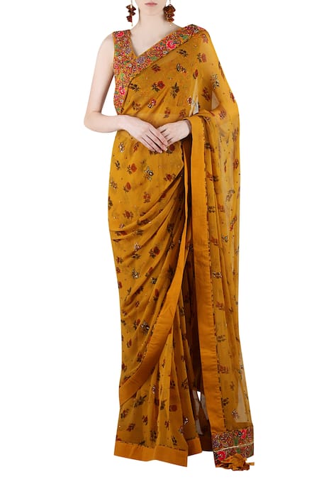 Nikasha Yellow Leaf Neck Embellished Saree With Blouse 