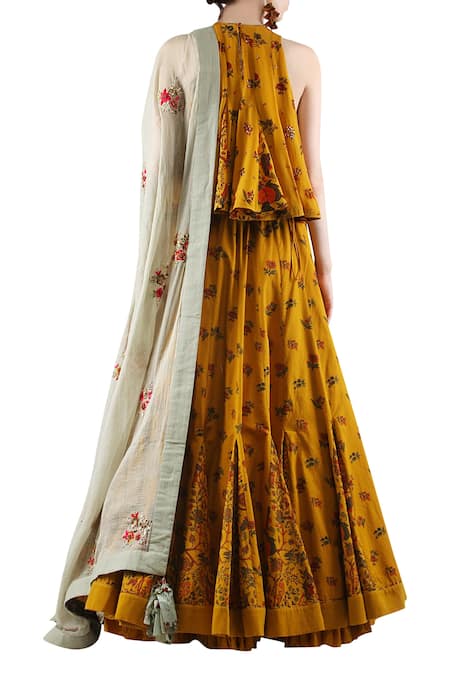 Shop_Nikasha_Yellow Floral Print, Bead And Sequin Work, Zari Round Mustard & Grey Lehenga Set _at_Aza_Fashions