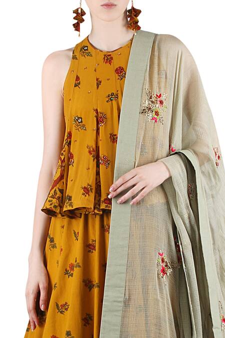 Nikasha_Yellow Floral Print, Bead And Sequin Work, Zari Round Mustard & Grey Lehenga Set _Online_at_Aza_Fashions