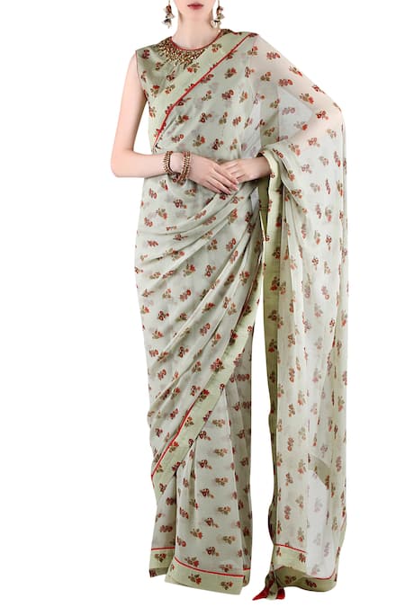 Nikasha Green Chiffon, Cotton Silk Round Floral Print Saree With Blouse Online at Aza Fashions Nikasha_Green Chiffon, Cotton Silk Round Floral Print Saree With Blouse _Online_at_Aza_Fashions