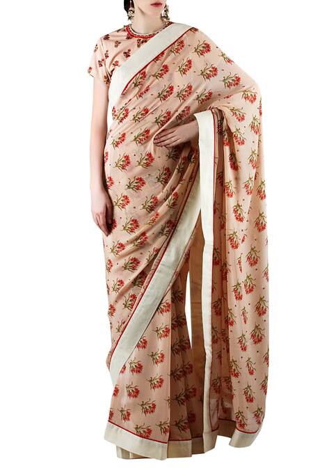 Nikasha Peach Poplin Round Printed Saree With Blouse For Women
