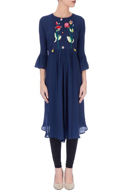 Shop Desert Shine By Sulochana Jangir Blue Embroidered Floral Round Neck Kurta Online at Aza Fashions Shop_Desert Shine By Sulochana Jangir_Blue Embroidered Floral Round Neck Kurta_Online_at_Aza_Fashions