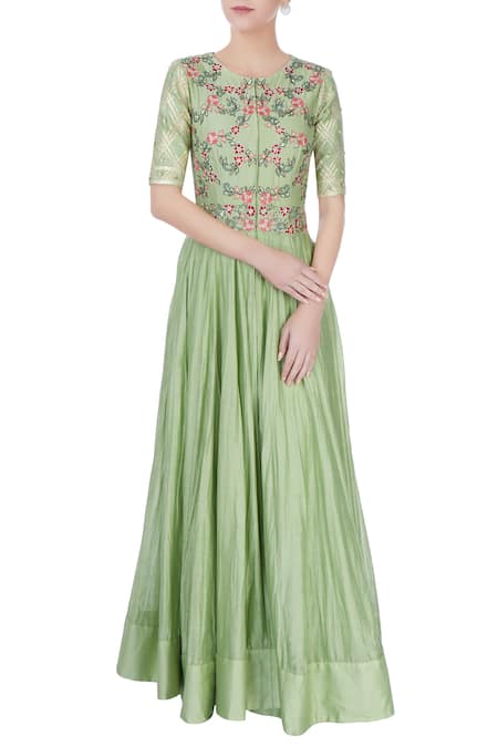 Neha Khullar Green Pastel Embroidered Anarkali Dress For Women